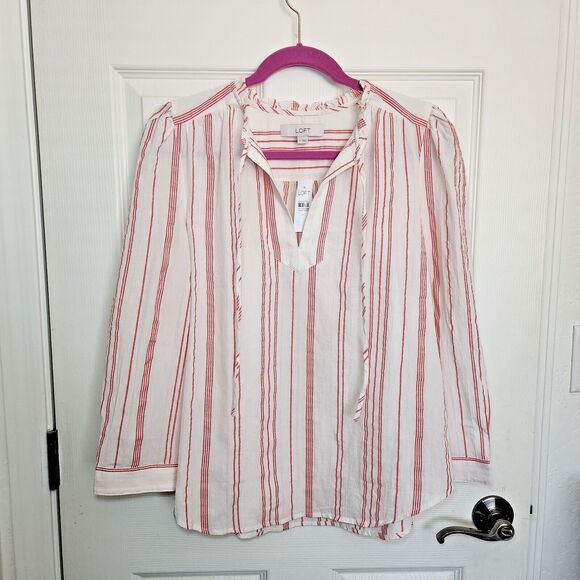 Loft Tops - Loft Red Ivory Striped Ruffle Puff Shoulder Tie Neck Blouse Size Large NWT BOHO